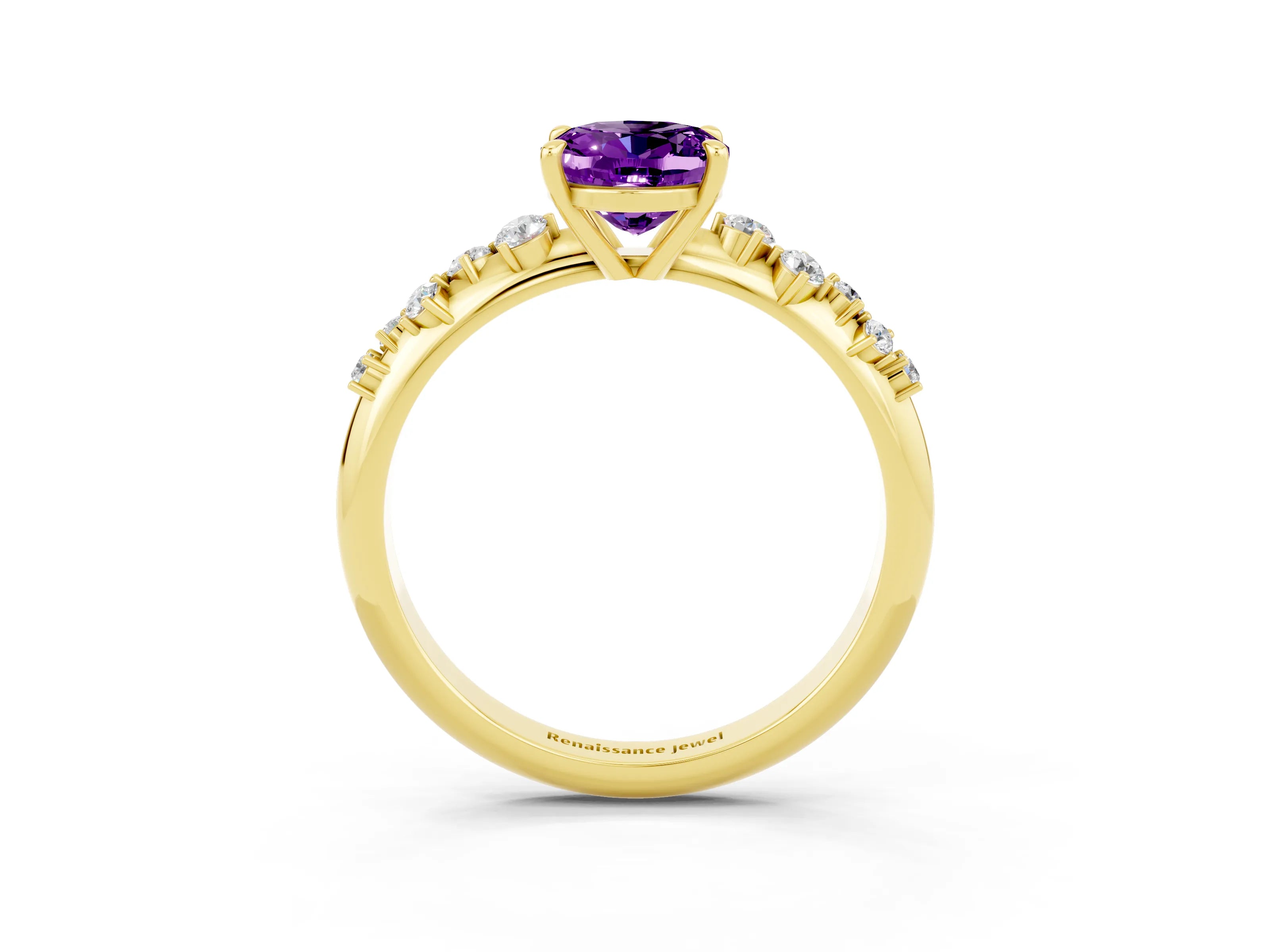 Yellow gold Oval Cut Amethyst Cluster Side Stone Solitaire Ring with Prong Setting_27
