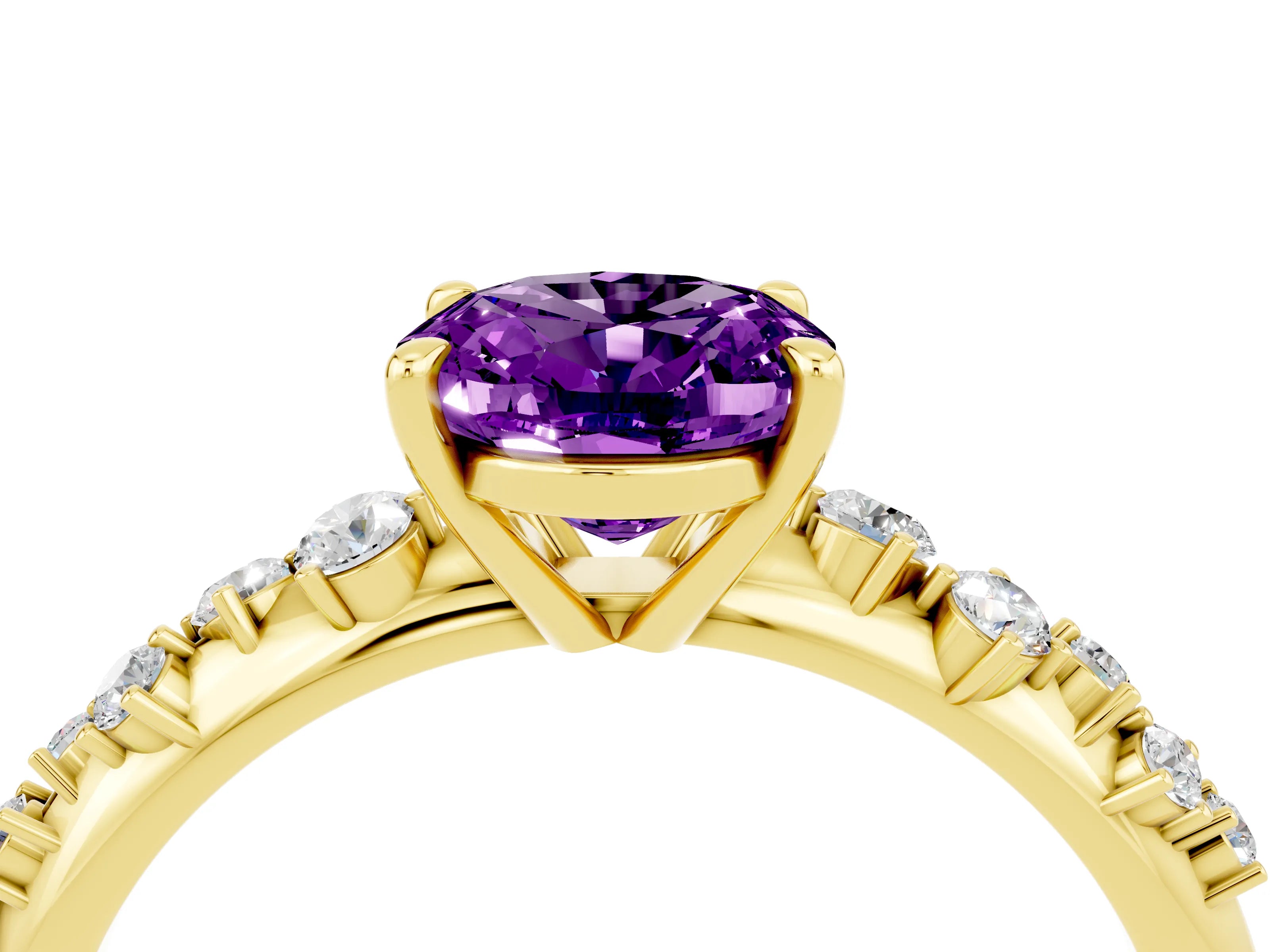 Yellow gold Oval Cut Amethyst Cluster Side Stone Solitaire Ring with Prong Setting_28