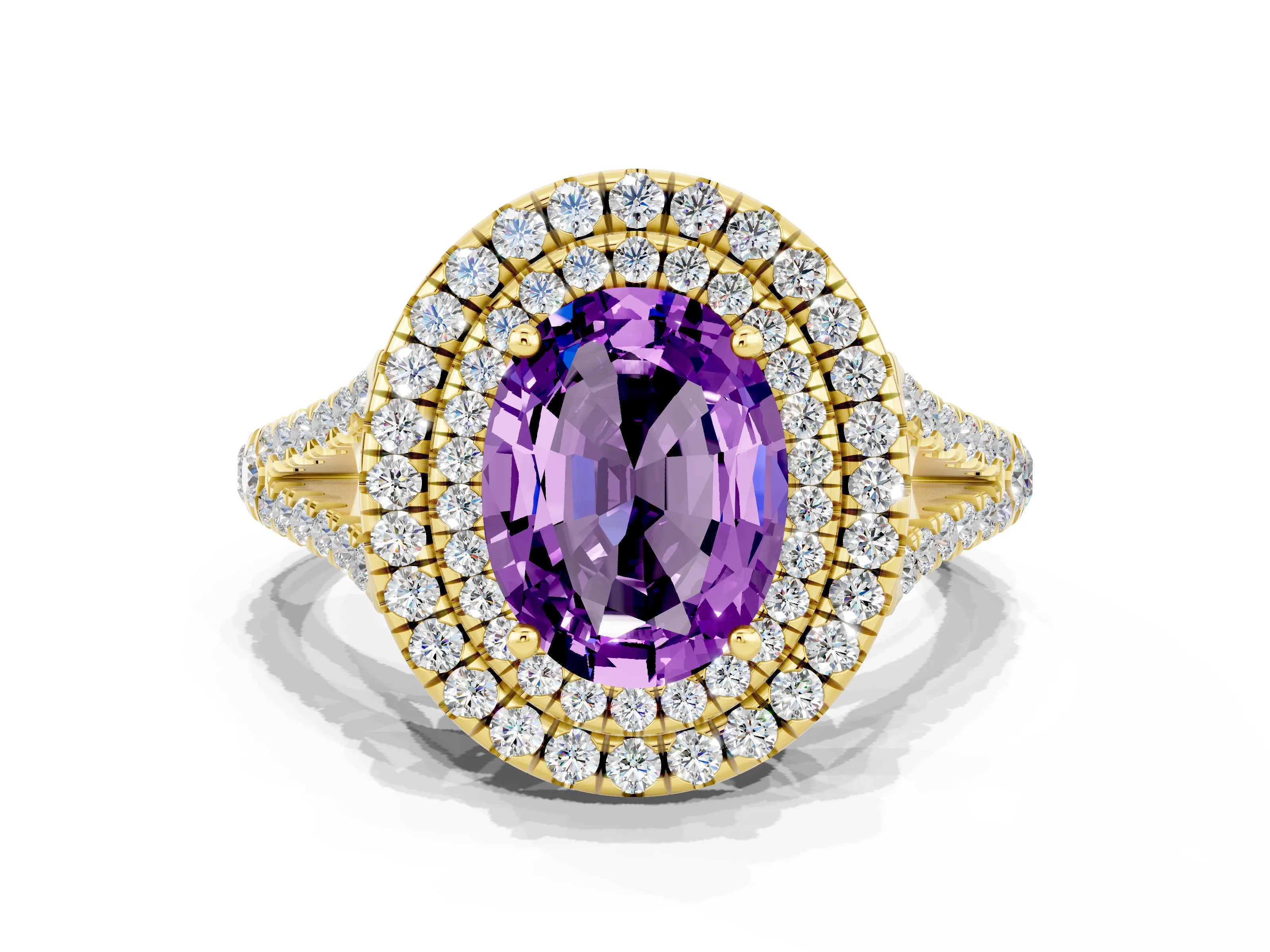 Yellow gold Oval Cut Amethyst Double Halo Ring with Pavé Band and Prong Setting_12