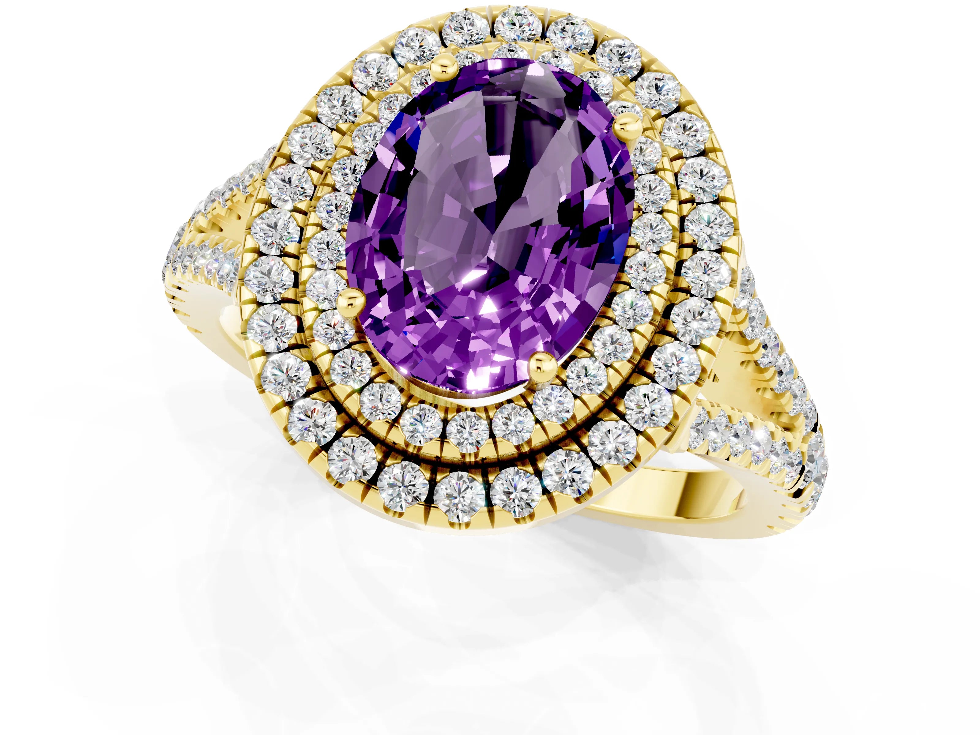Yellow gold Oval Cut Amethyst Double Halo Ring with Pavé Band and Prong Setting_13