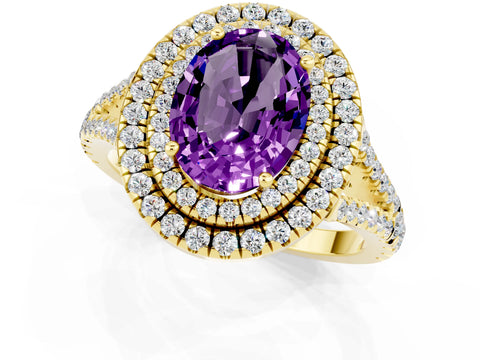 Yellow gold Oval Cut Amethyst Double Halo Ring with Pavé Band and Prong Setting_13