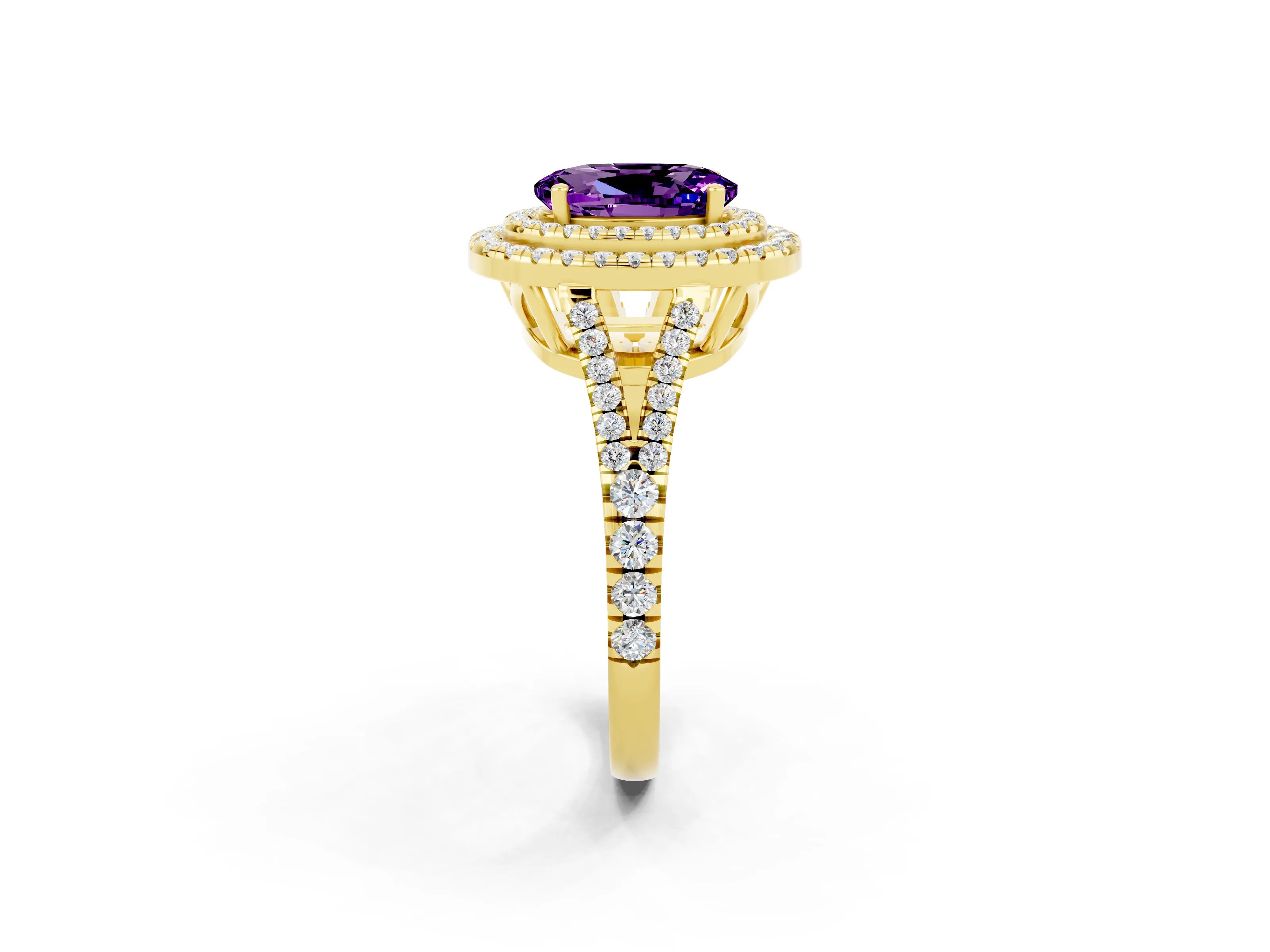 Yellow gold Oval Cut Amethyst Double Halo Ring with Pavé Band and Prong Setting_14