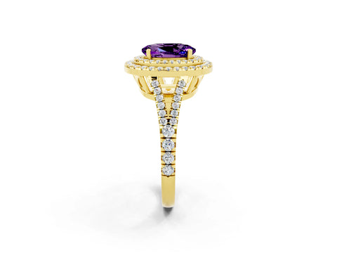 Yellow gold Oval Cut Amethyst Double Halo Ring with Pavé Band and Prong Setting_14