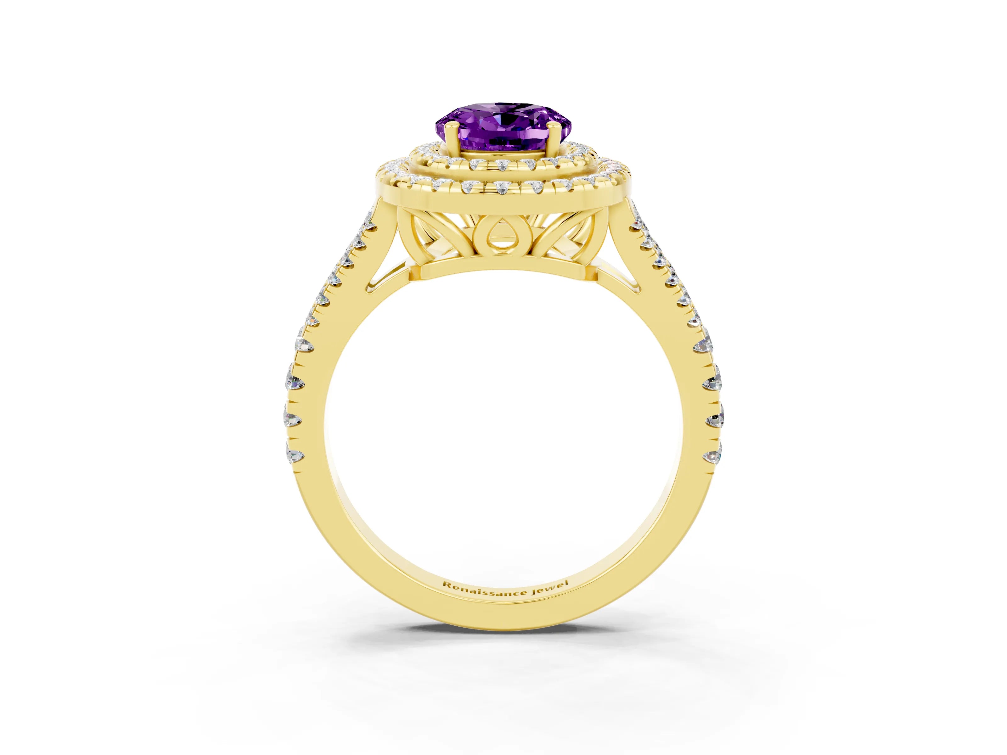 Yellow gold Oval Cut Amethyst Double Halo Ring with Pavé Band and Prong Setting_15