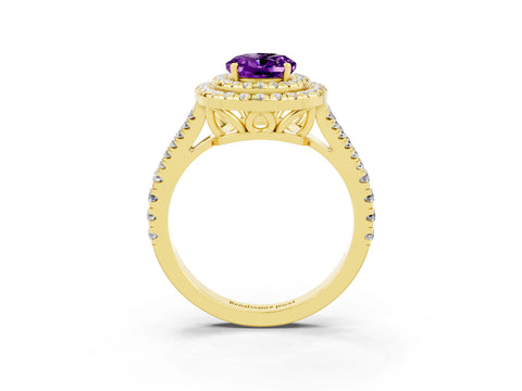 Yellow gold Oval Cut Amethyst Double Halo Ring with Pavé Band and Prong Setting_15