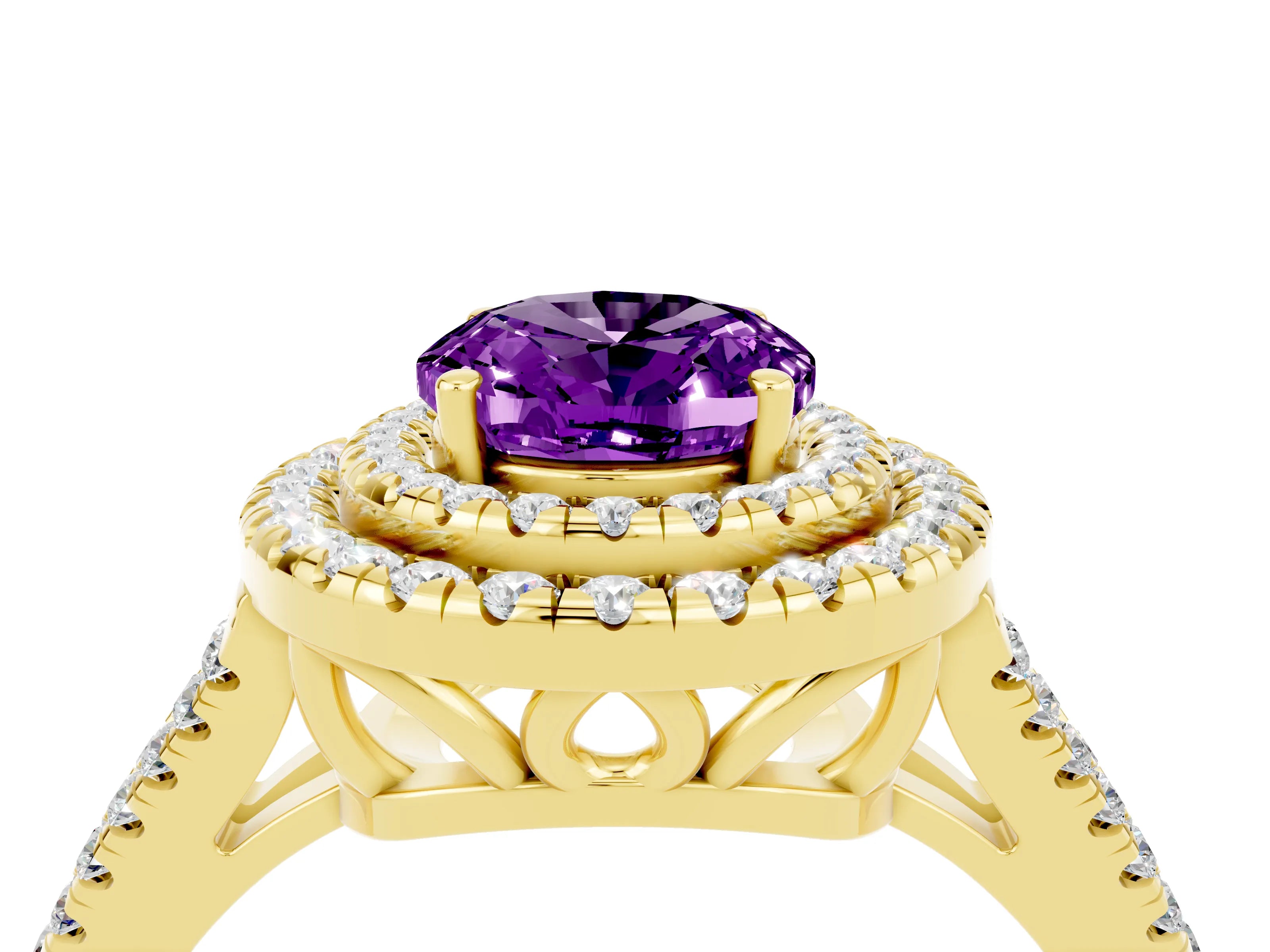 Yellow gold Oval Cut Amethyst Double Halo Ring with Pavé Band and Prong Setting_16
