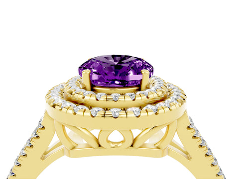 Yellow gold Oval Cut Amethyst Double Halo Ring with Pavé Band and Prong Setting_16