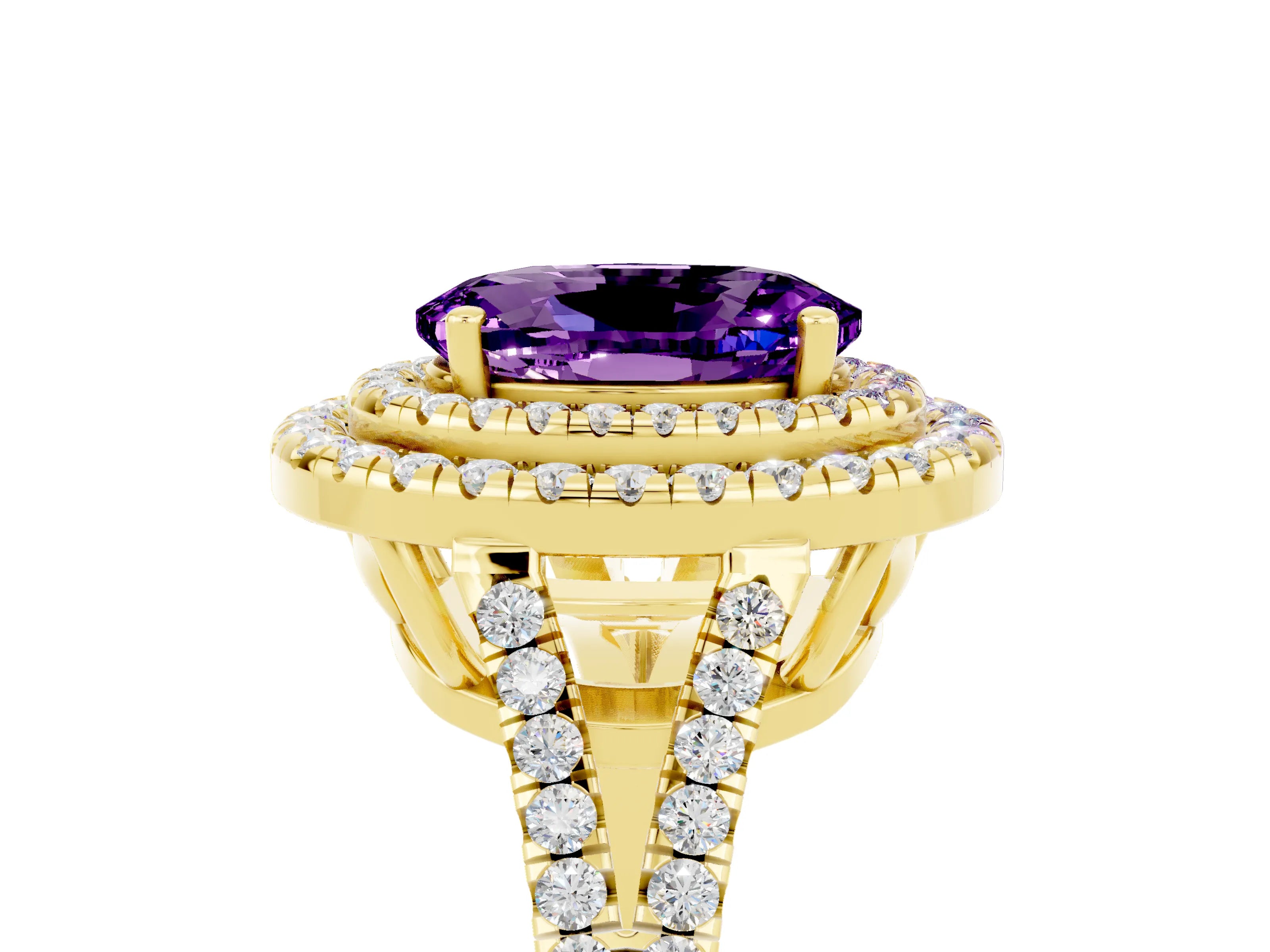 Yellow gold Oval Cut Amethyst Double Halo Ring with Pavé Band and Prong Setting_17