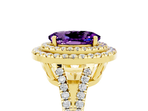 Yellow gold Oval Cut Amethyst Double Halo Ring with Pavé Band and Prong Setting_17