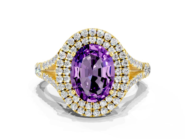 Yellow gold Oval Cut Amethyst Double Halo Ring with Split Shank and Prong Setting