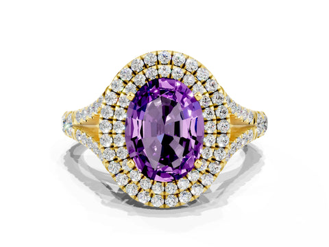 Yellow gold Oval Cut Amethyst Double Halo Ring with Split Shank and Prong Setting_12