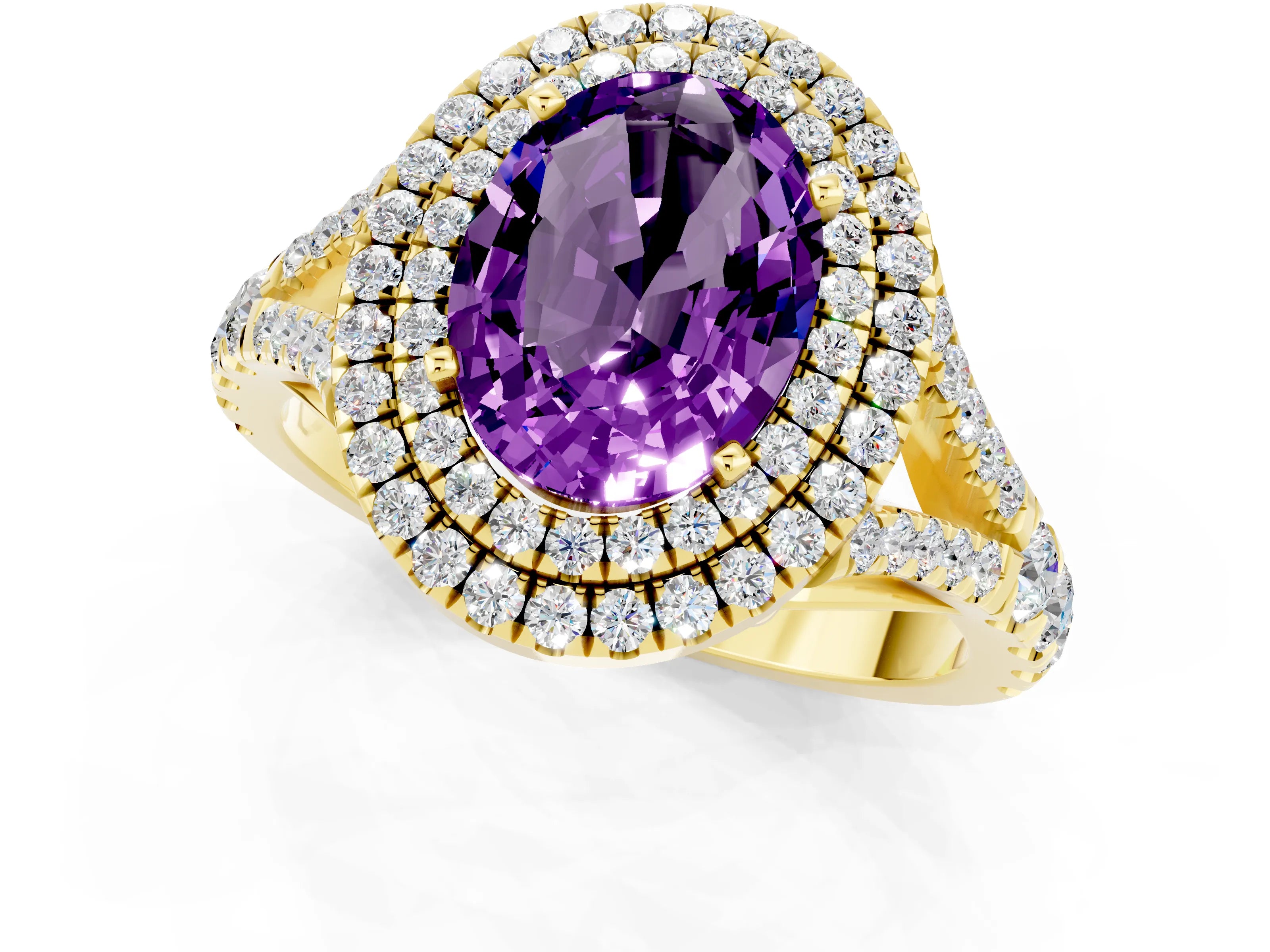 Yellow gold Oval Cut Amethyst Double Halo Ring with Split Shank and Prong Setting_13