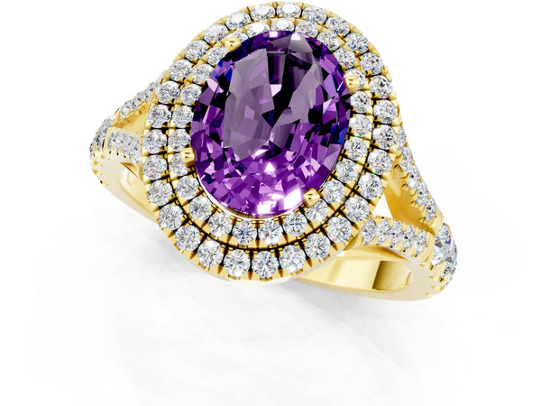 Yellow gold Oval Cut Amethyst Double Halo Ring with Split Shank and Prong Setting