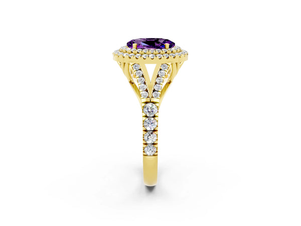Yellow gold Oval Cut Amethyst Double Halo Ring with Split Shank and Prong Setting