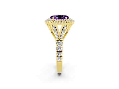 Yellow gold Oval Cut Amethyst Double Halo Ring with Split Shank and Prong Setting_14