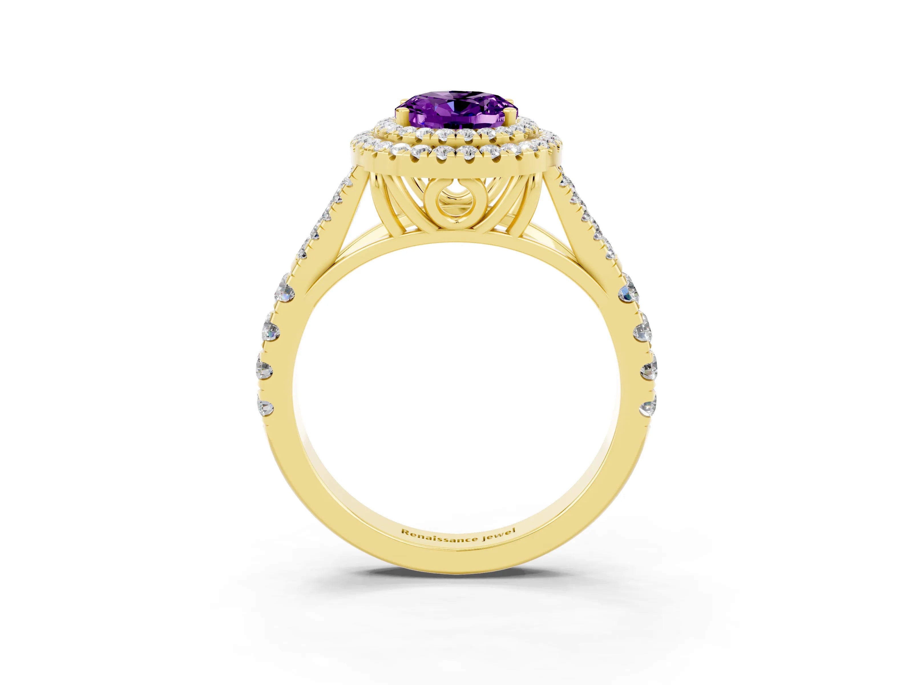 Yellow gold Oval Cut Amethyst Double Halo Ring with Split Shank and Prong Setting_15