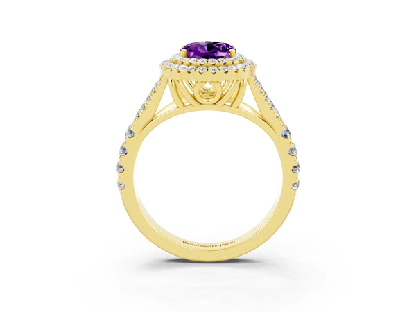 Yellow gold Oval Cut Amethyst Double Halo Ring with Split Shank and Prong Setting