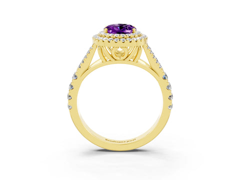 Yellow gold Oval Cut Amethyst Double Halo Ring with Split Shank and Prong Setting_15