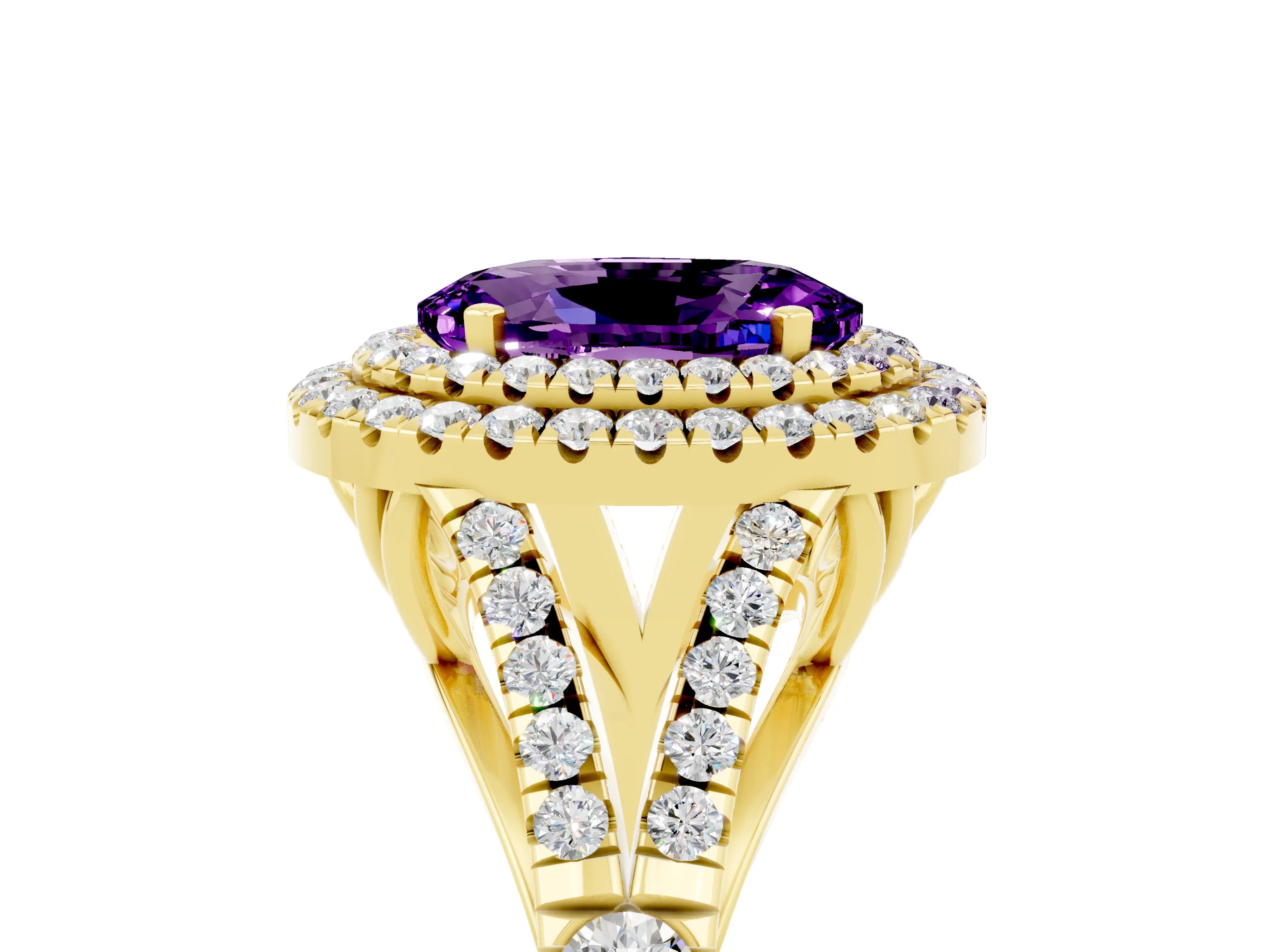 Yellow gold Oval Cut Amethyst Double Halo Ring with Split Shank and Prong Setting_17