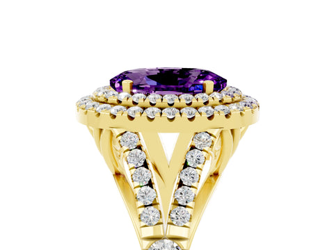 Yellow gold Oval Cut Amethyst Double Halo Ring with Split Shank and Prong Setting_17