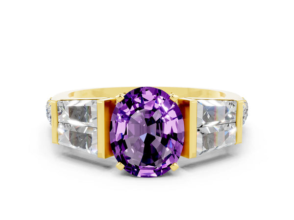 Yellow gold Oval Cut Amethyst Engagement Ring with Baguette Side Stones and Channel Set Band