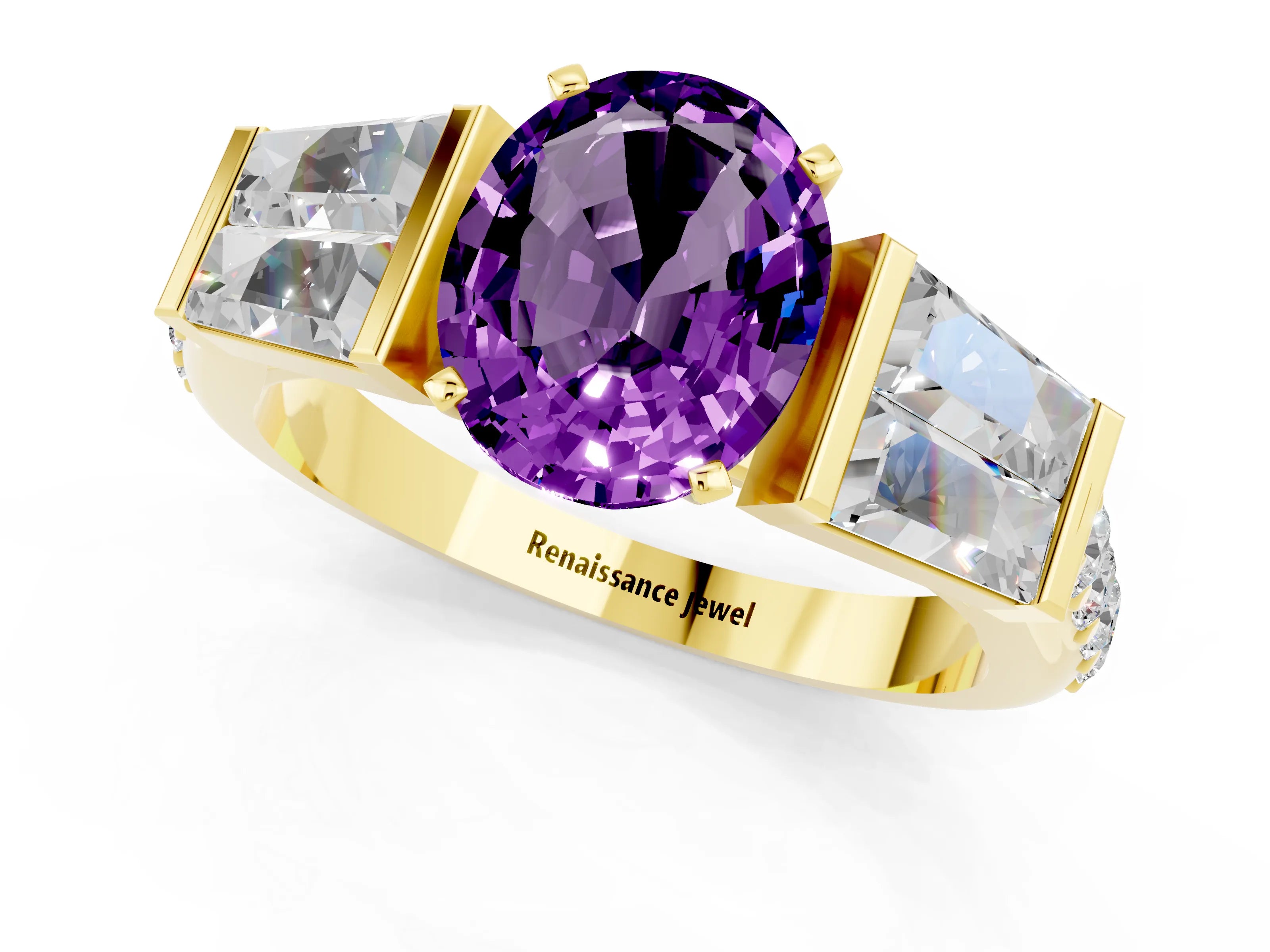 Yellow gold Oval Cut Amethyst Engagement Ring with Baguette Side Stones and Channel Set Band_1