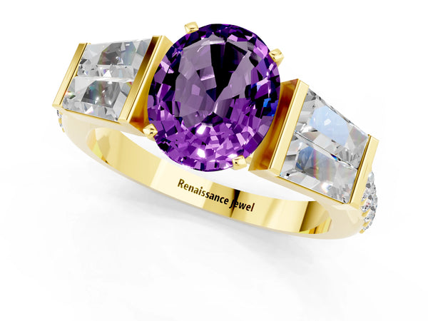 Yellow gold Oval Cut Amethyst Engagement Ring with Baguette Side Stones and Channel Set Band
