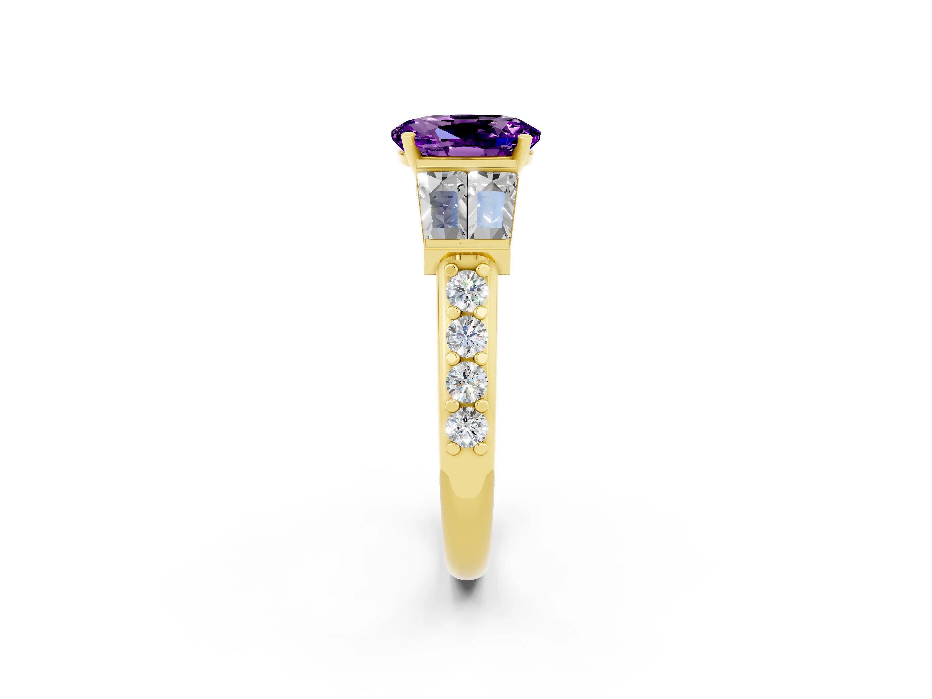 Yellow gold Oval Cut Amethyst Engagement Ring with Baguette Side Stones and Channel Set Band_2