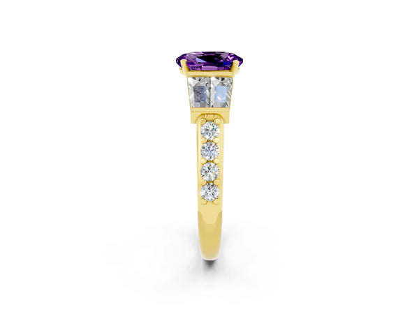 Yellow gold Oval Cut Amethyst Engagement Ring with Baguette Side Stones and Channel Set Band