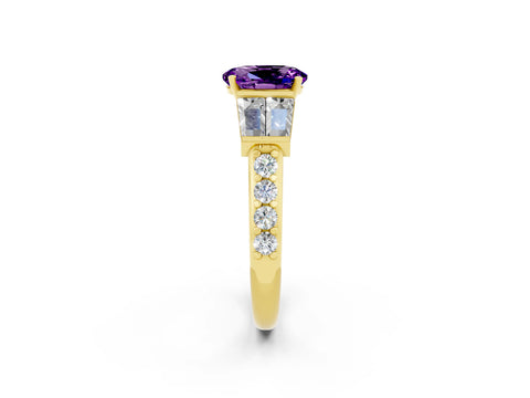 Yellow gold Oval Cut Amethyst Engagement Ring with Baguette Side Stones and Channel Set Band_2