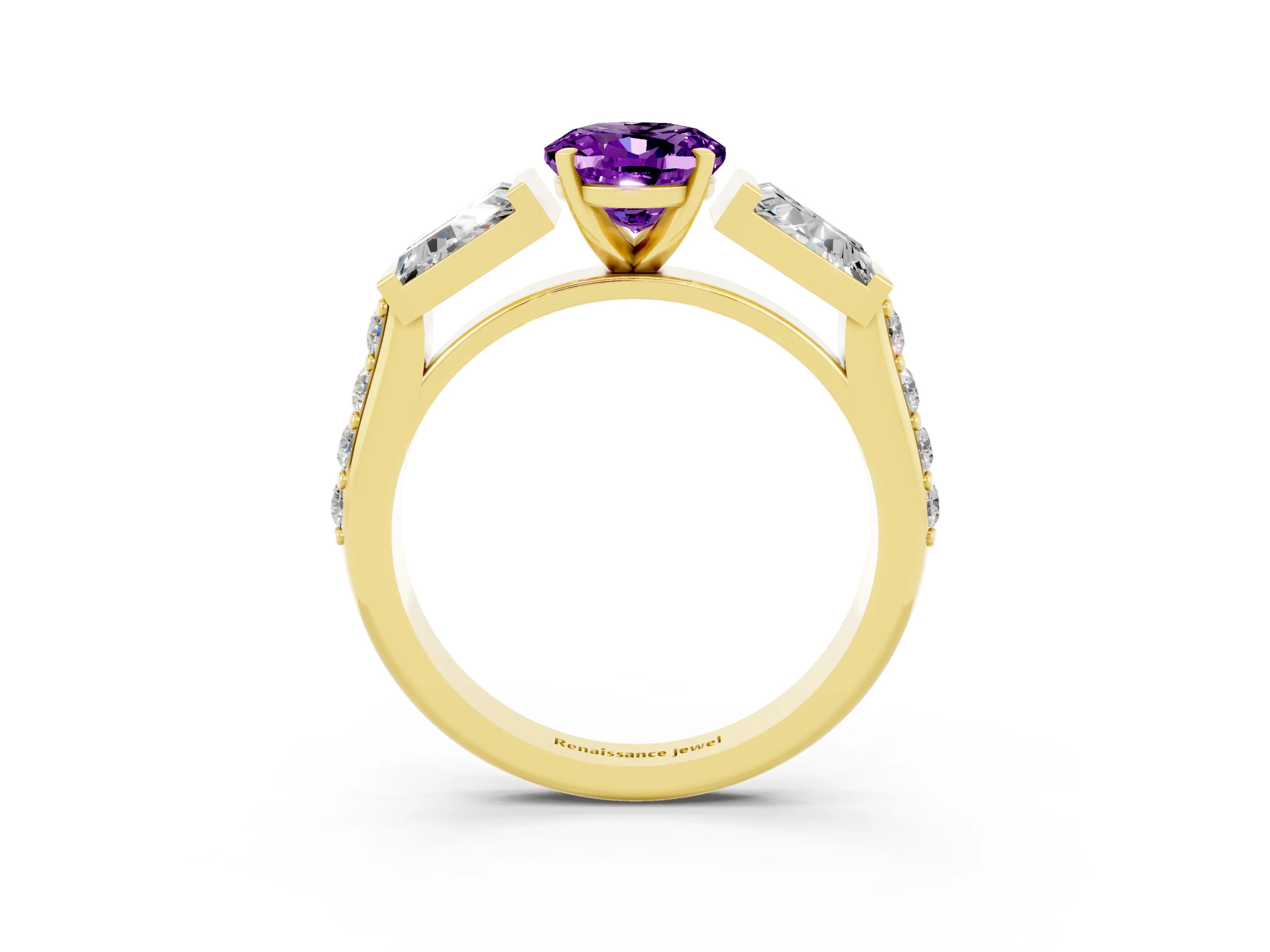 Yellow gold Oval Cut Amethyst Engagement Ring with Baguette Side Stones and Channel Set Band_3
