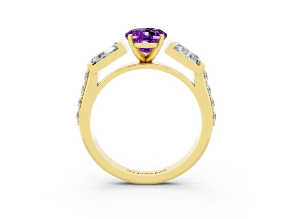 Yellow gold Oval Cut Amethyst Engagement Ring with Baguette Side Stones and Channel Set Band