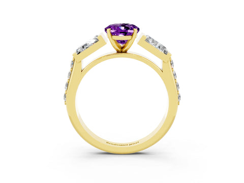 Yellow gold Oval Cut Amethyst Engagement Ring with Baguette Side Stones and Channel Set Band_3