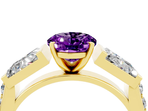 Yellow gold Oval Cut Amethyst Engagement Ring with Baguette Side Stones and Channel Set Band_4