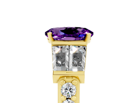 Yellow gold Oval Cut Amethyst Engagement Ring with Baguette Side Stones and Channel Set Band_5
