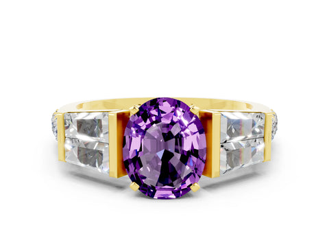 Yellow gold Oval Cut Amethyst Engagement Ring with Baguette Side Stones and Channel Set Band