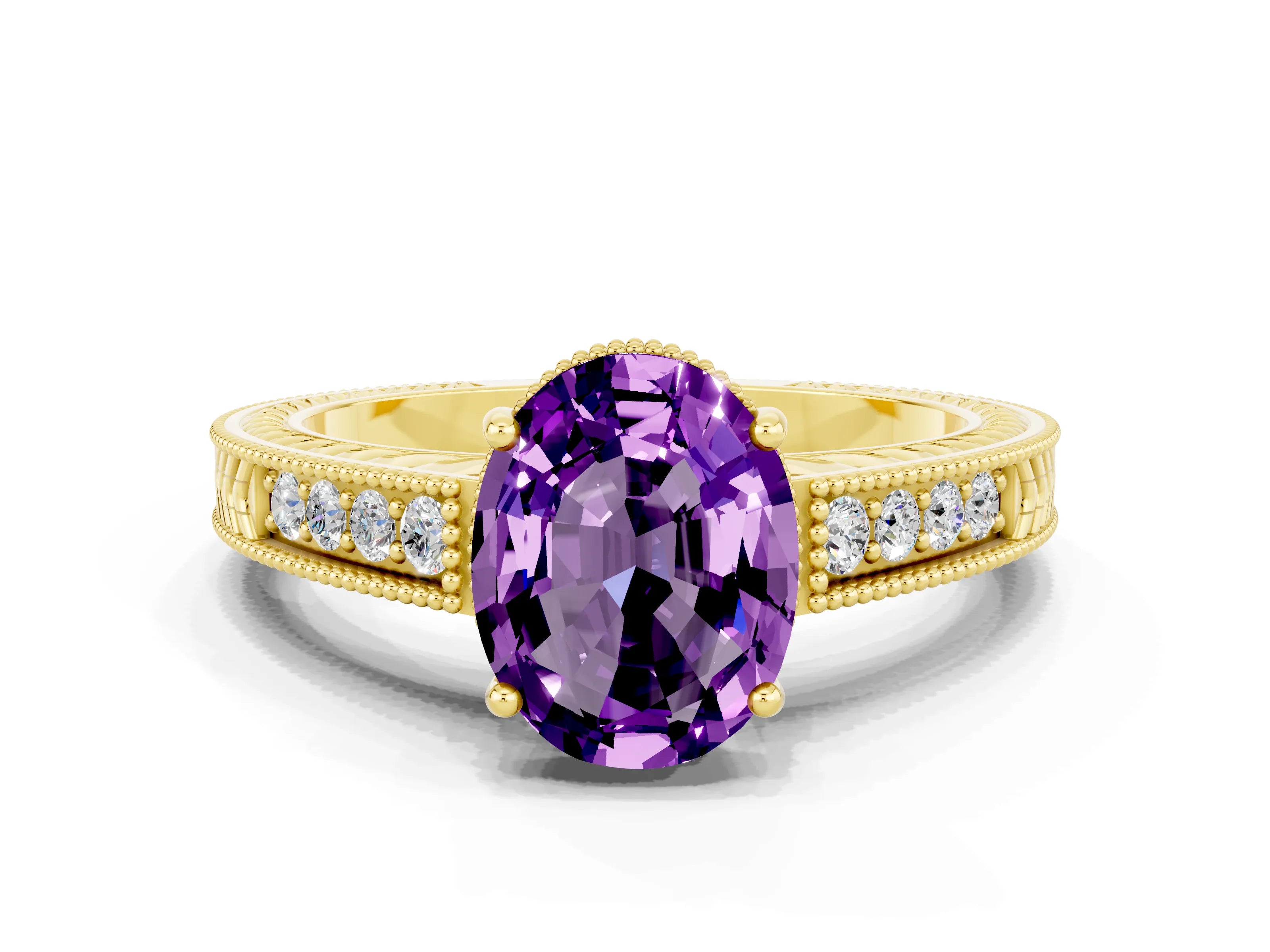 Yellow gold Oval Cut Amethyst Engagement Ring with Milgrain Channel Set Band and Prong Setting