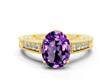 Yellow gold Oval Cut Amethyst Engagement Ring with Milgrain Channel Set Band and Prong Setting