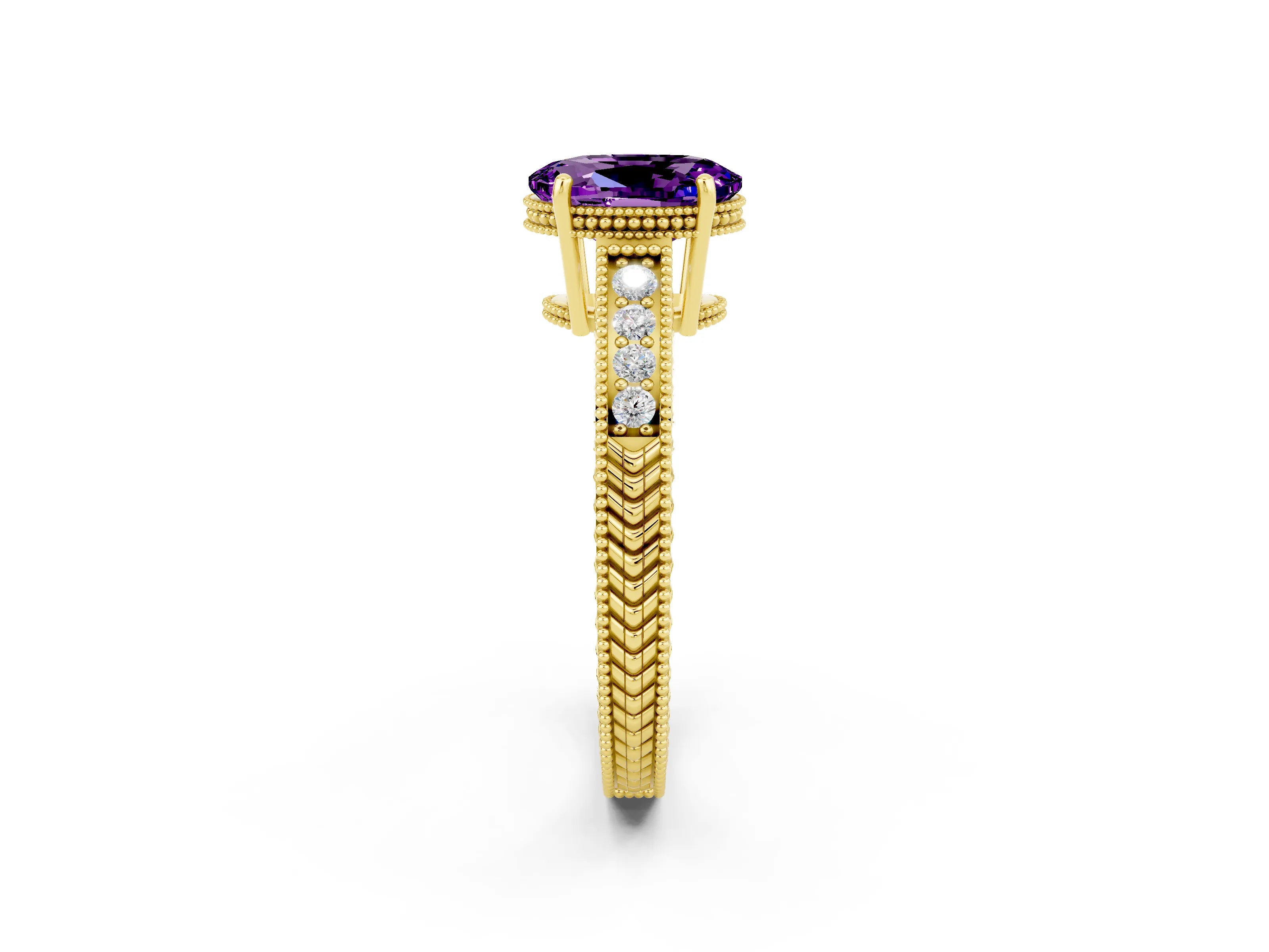 Yellow gold Oval Cut Amethyst Engagement Ring with Milgrain Channel Set Band and Prong Setting_2