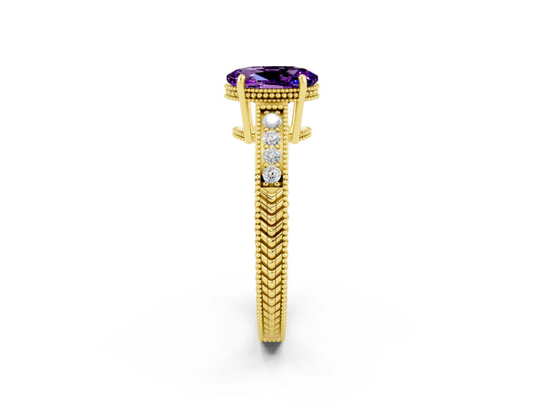 Yellow gold Oval Cut Amethyst Engagement Ring with Milgrain Channel Set Band and Prong Setting