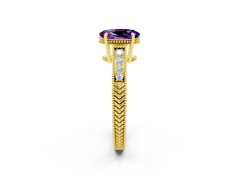 Yellow gold Oval Cut Amethyst Engagement Ring with Milgrain Channel Set Band and Prong Setting_2