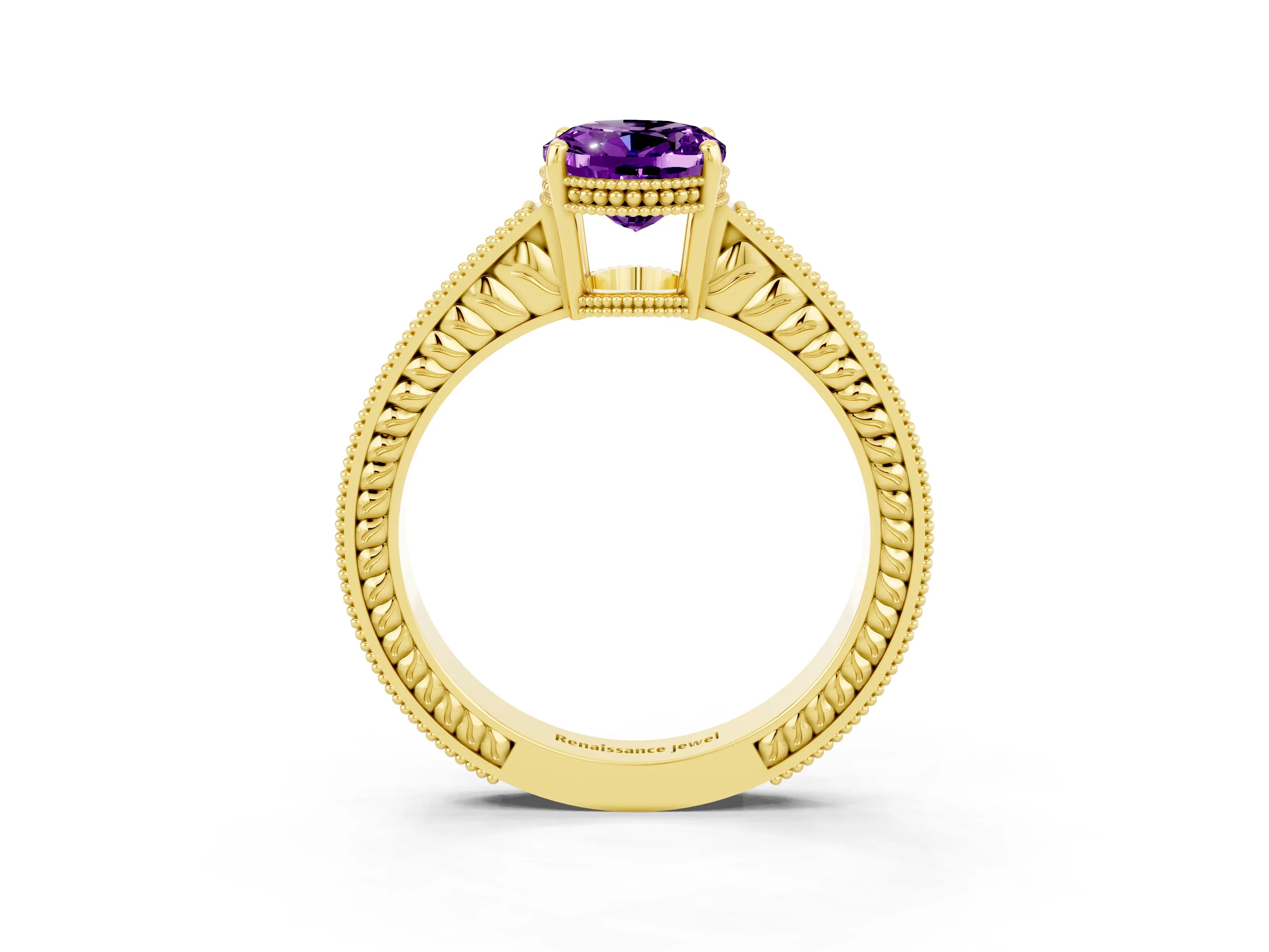 Yellow gold Oval Cut Amethyst Engagement Ring with Milgrain Channel Set Band and Prong Setting_3