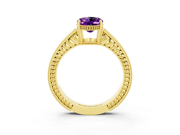 Yellow gold Oval Cut Amethyst Engagement Ring with Milgrain Channel Set Band and Prong Setting