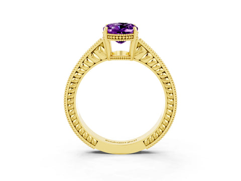Yellow gold Oval Cut Amethyst Engagement Ring with Milgrain Channel Set Band and Prong Setting_3