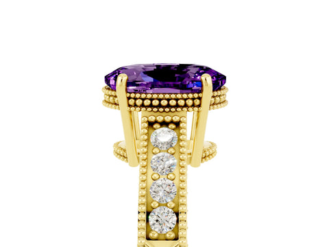 Yellow gold Oval Cut Amethyst Engagement Ring with Milgrain Channel Set Band and Prong Setting_5