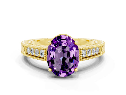 Yellow gold Oval Cut Amethyst Engagement Ring with Milgrain Channel Set Band and Prong Setting