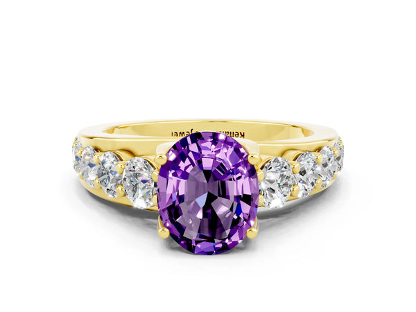 Yellow gold Oval Cut Amethyst Engagement Ring with Pavé Band and Four-Prong Setting