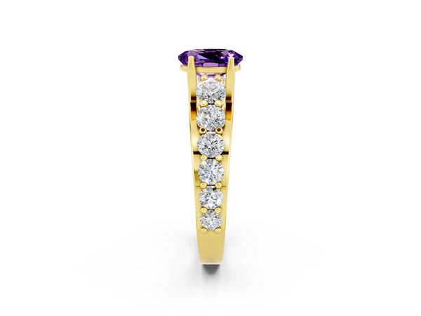 Yellow gold Oval Cut Amethyst Engagement Ring with Pavé Band and Four-Prong Setting