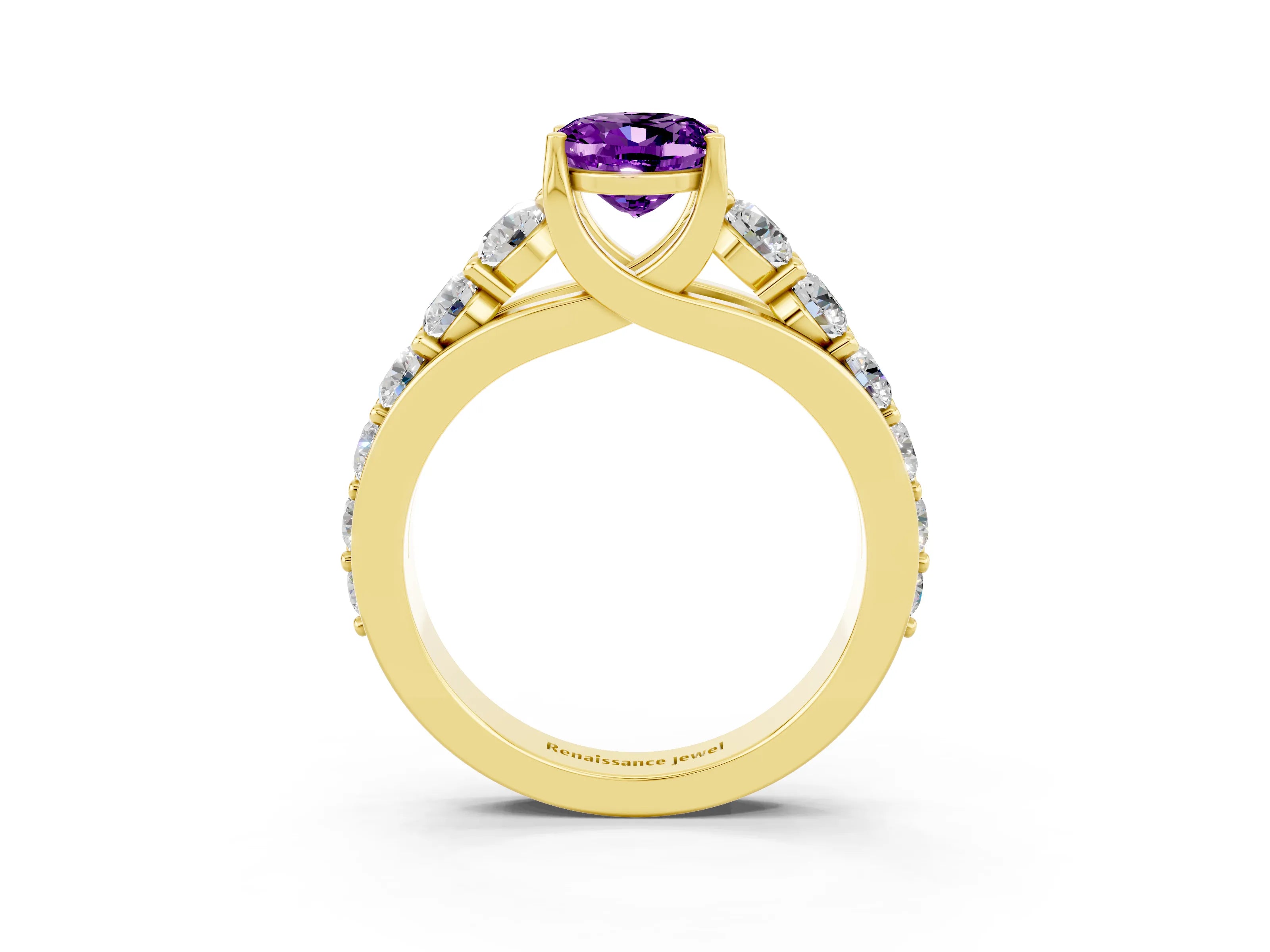 Yellow gold Oval Cut Amethyst Engagement Ring with Pavé Band and Four-Prong Setting_3