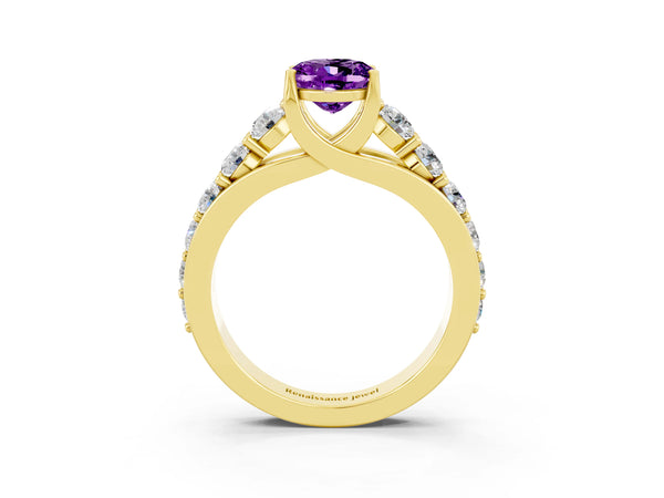 Yellow gold Oval Cut Amethyst Engagement Ring with Pavé Band and Four-Prong Setting